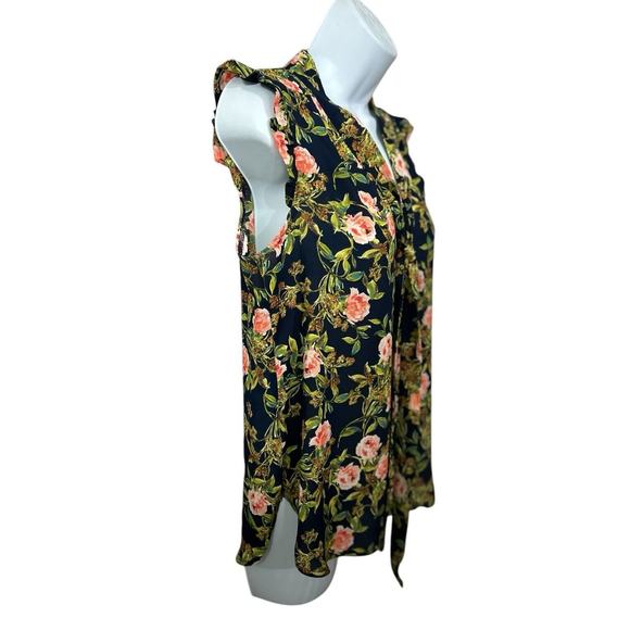 Sweet Rain Floral Sleeveless Blouse Sz M V-Neck Tie Relaxed Fit Round Hem Top - Picture 2 of 6
